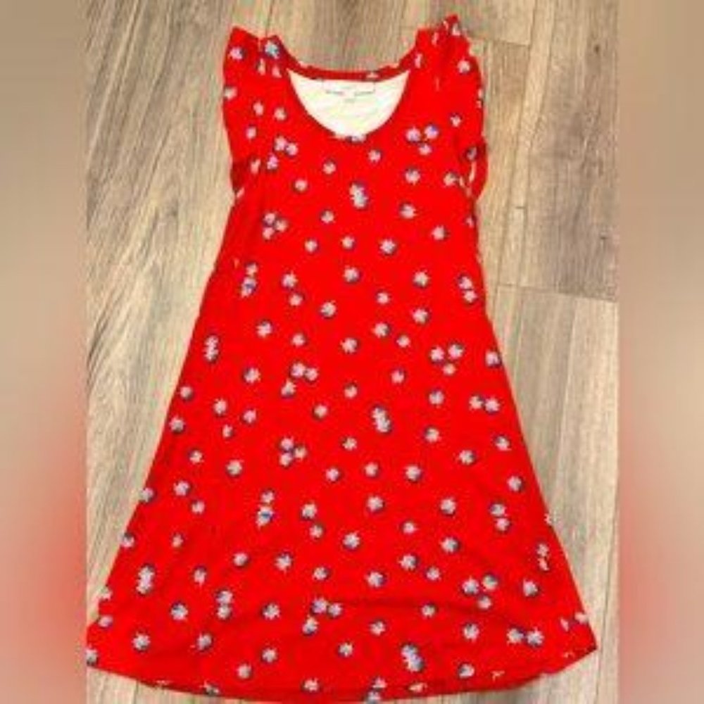 EUC Loft red dandelions flutt JR er sleeve swing dress size XXS